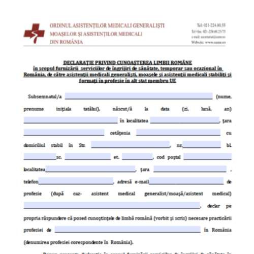 Formular declarație cunoașterea limbii române - asistență / moașe