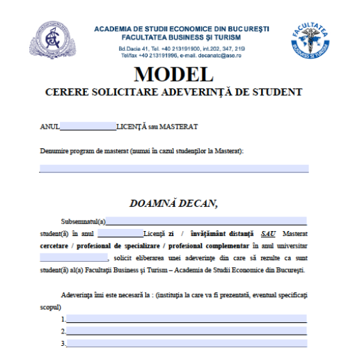 Cerere solicitare adeverinta student F Business si Turism - ASE