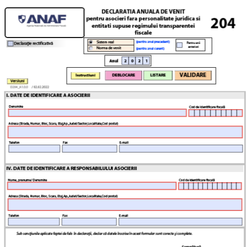 Declaratie ANAF 204 - Declaraţie anuală de venit pentru asocieri fără personalitate juridică