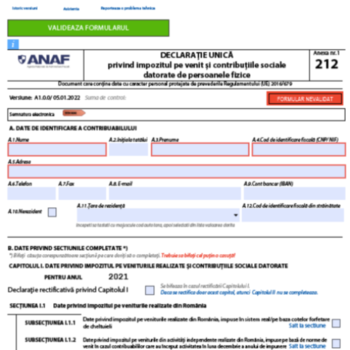 Declarație unică ANAF 2022 pentru venituri realizate în 2021