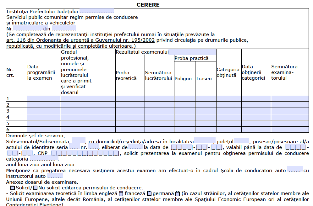 CERERE DOSAR DE EXAMINARE AUTO