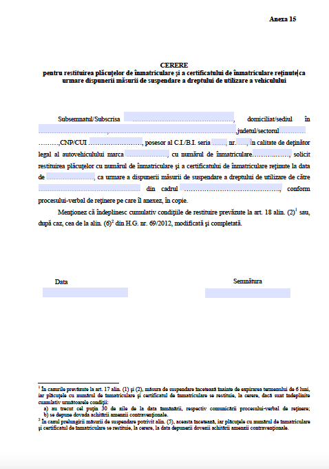 Cerere pentru restituirea plăcuţelor de înmatriculare şi a certificatului de înmatriculare reţinute