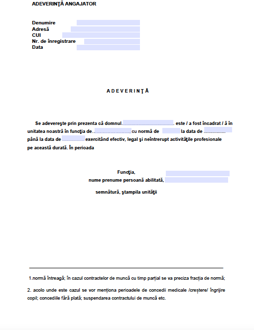 Model formular - adeverinta angajator