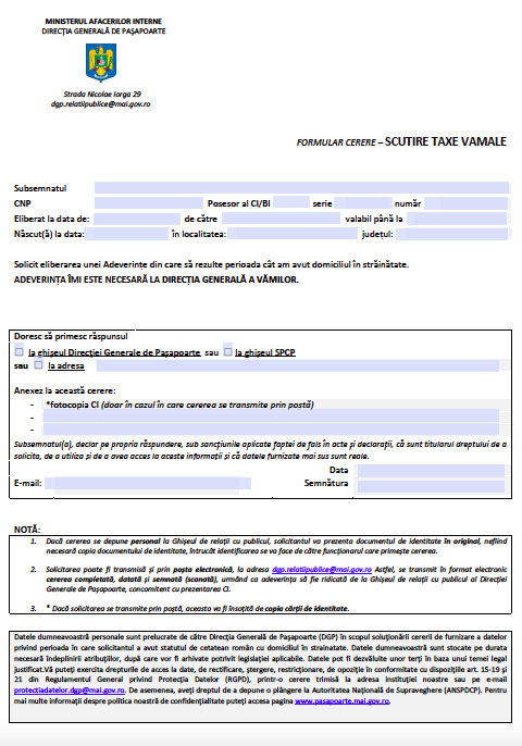 Cerere scutire taxe pasapoarte