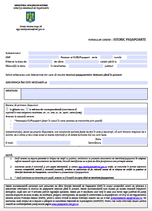 Cerere adeverinta istoric pasapoarte
