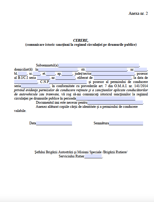 Model cerere de comunicare a istoricului sancţiunilor la regimul circulaţiei pe drumurile publice