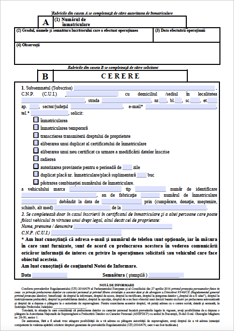 Cerere solicitant inmatriculare auto