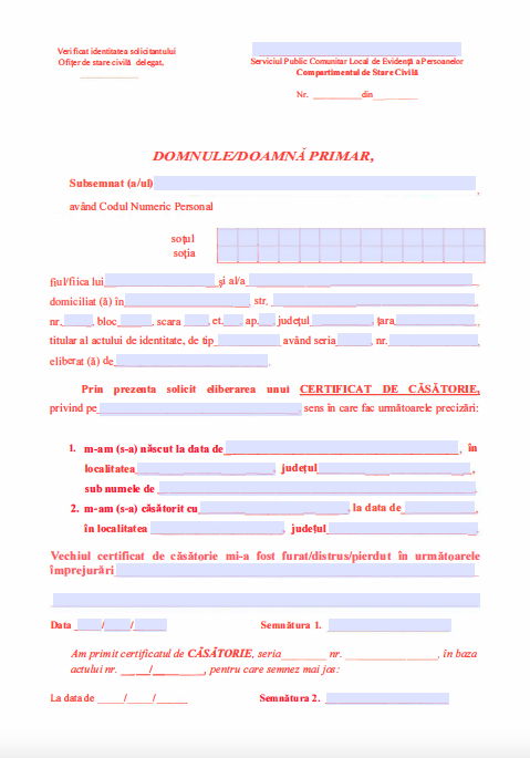 Cerere eliberare duplicat certificat de casatorie