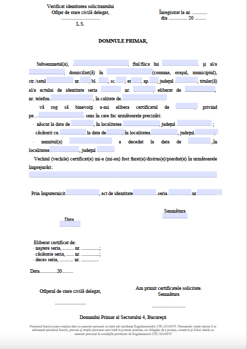 Formular - Cerere eliberare certificat de nastere