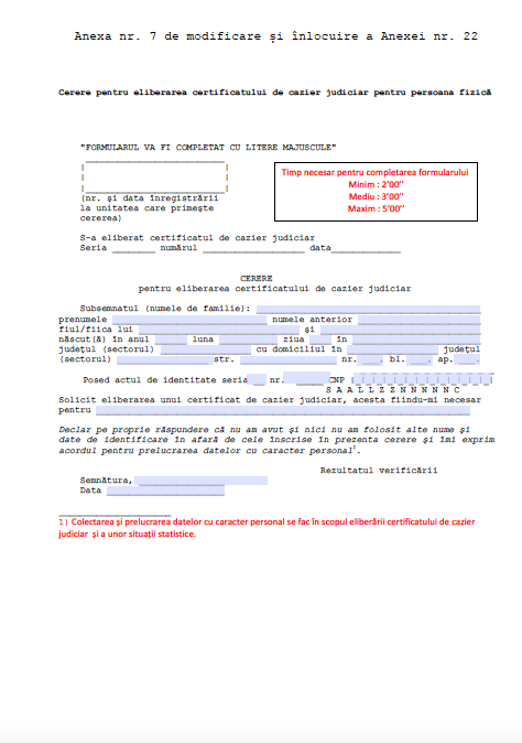 Cerere pentru eliberarea certificatului de cazier judiciar pentru persoana fizică - RO