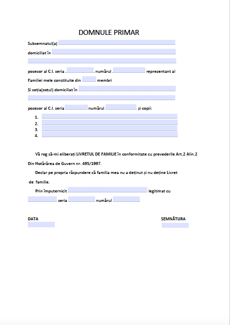 Cerere eliberare livret de familie