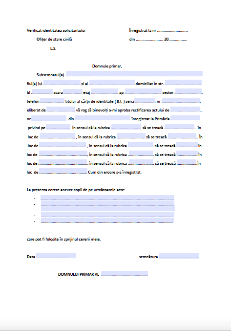 Cerere - formular rectificare acte stare civila