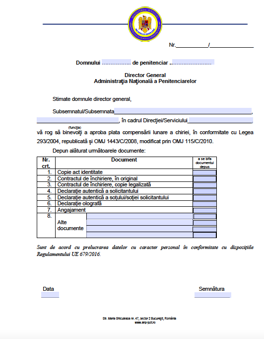 Formular - Cerere compensare chirie Penitenciar