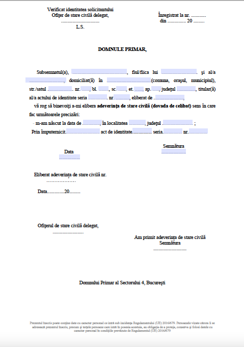 Cerere - formular eliberare dovada de stare civila celibat