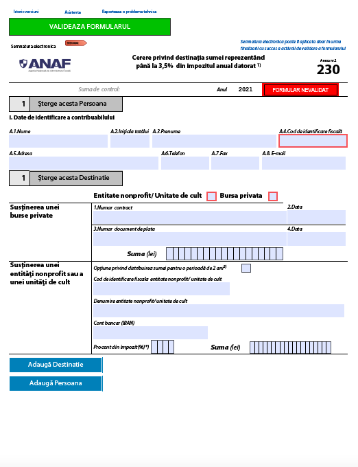 Declaratie 230 ANAF - Cerere privind destinaţia sumei reprezentând pâna la 3,5% din impozitul anual datorat,