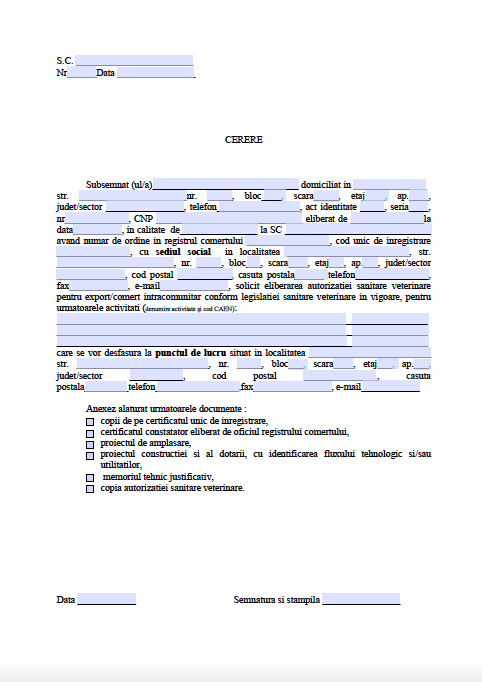 Model de cerere pentru autorizare comert intracomunitar