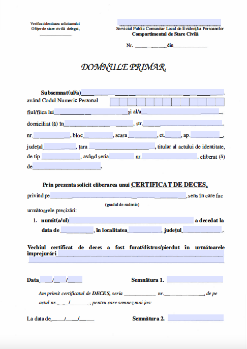 Cerere duplicat certificat deces
