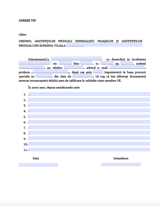 Formular - Cerere tip pentru recunoașterea titlu calificare asistenți medicali - moaște