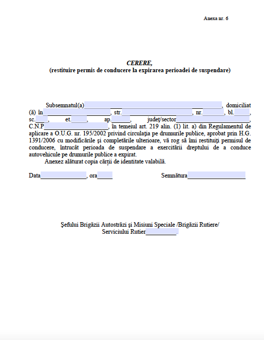 Cerere restituire permis de conducere la expirarea termenului de suspendare